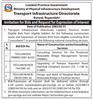 Invitation For Bids For Expression Of Interest For Construction Works And Consulting Services