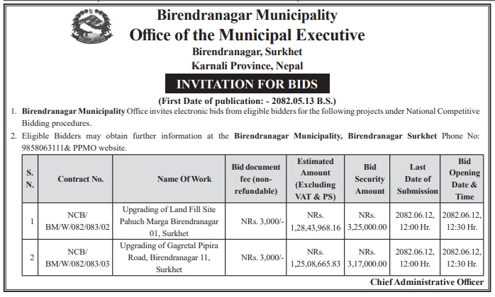 Invitation For Electronic Bids For Road Upgrading Projects, Birendranagar Municipality, Surkhet