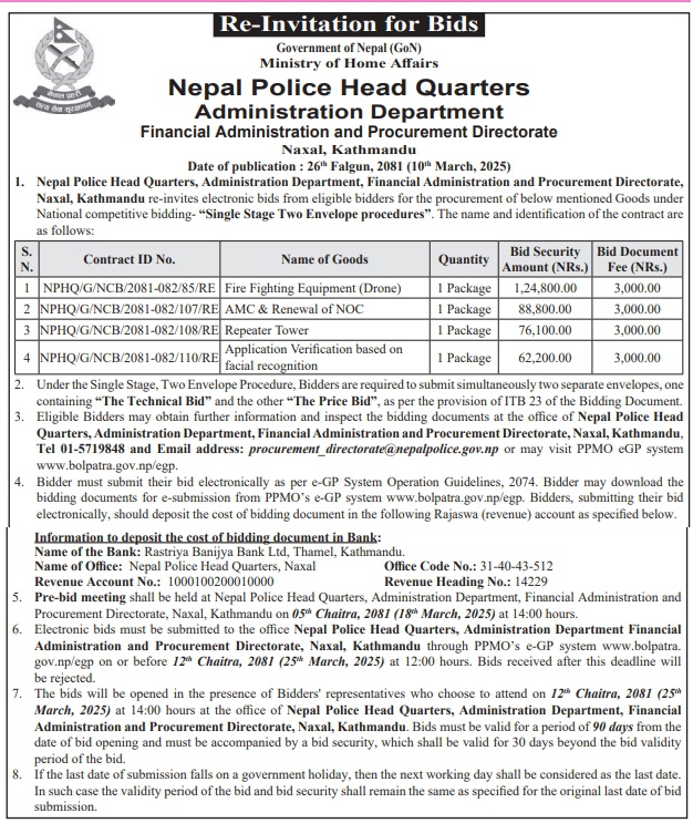 Re-Invitation for Bids for Procurement of Various Goods