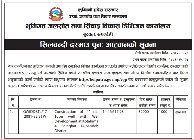 सिलवन्दी दरभाउ पुनः आह्वानको सूचना - Construction of 4" dia Tube Well with Well Development Works