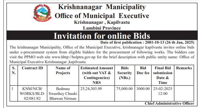 Invitation for Online Bids for Construction of Health Post in Lumbini