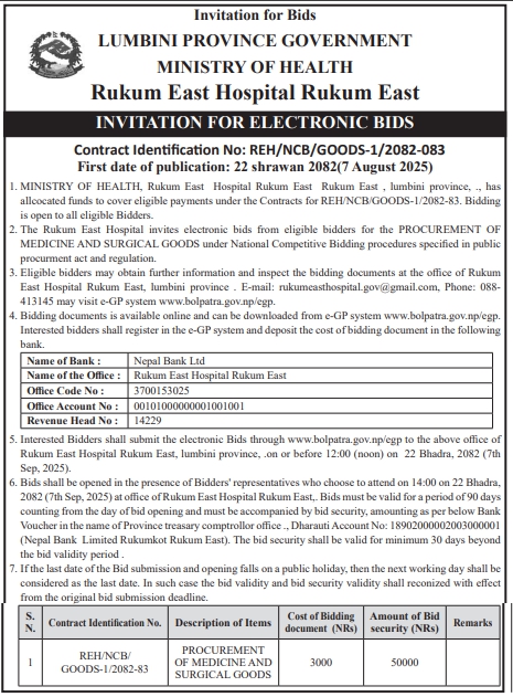 Invitation For Bids For Procurement Of Medicine And Surgical Goods