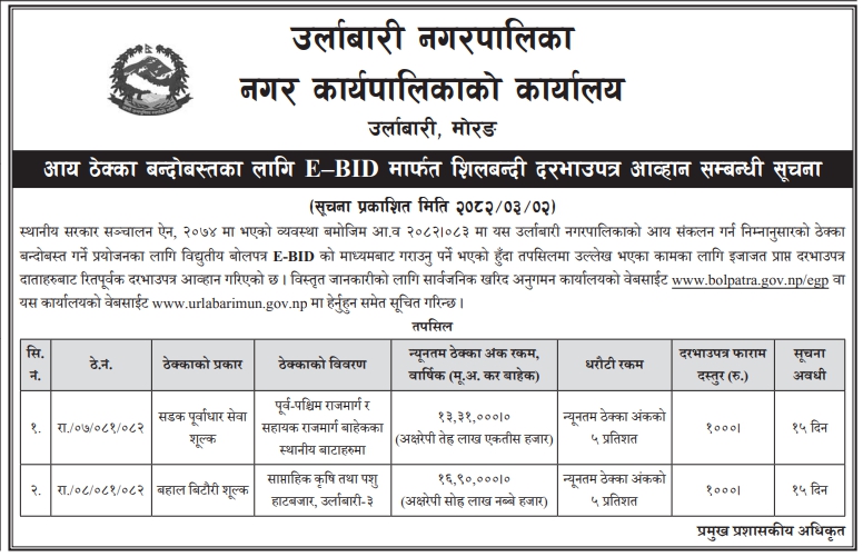 उर्लाबारी नगरपालिका आन्तरिक आय संकलनका लागि E-BID मार्फत शिलबन्दी दरभाउपत्र आह्वान सूचना