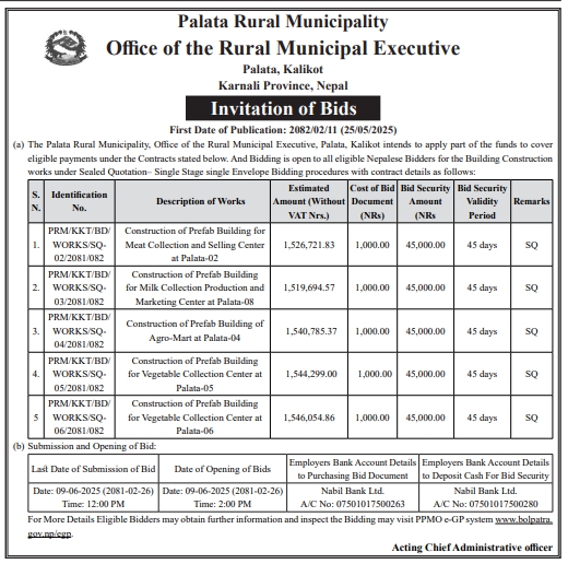 Invitation Of Bids For Contraction Of Prefab Building For Meat, Milk, Agro-mart, Vegetable Collection Center