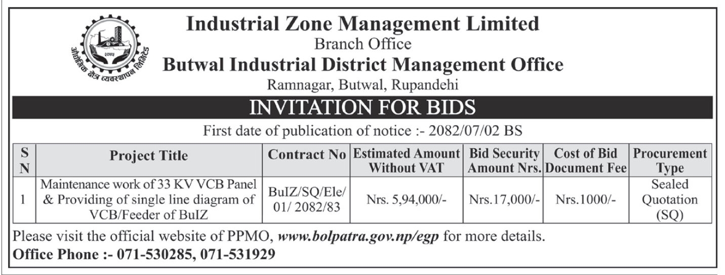 Invitation For Bid For Maintenance Work Of 33 Kv Vcb Panel And Preparation Of Single Line Diagram Of Vcb/feeder At Butwal Industrial Zone