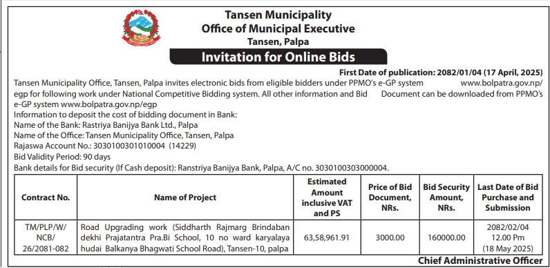 Invitation for Online Bids for Road Upgrading Works