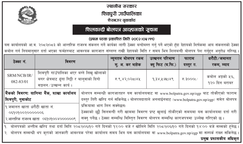 शिवपुरी गाउँपालिकाबाट लिखु खोलाको बगर क्षेत्रबाट ढुंगा, गिट्टी र बालुवाको सङ्कलन/उत्खन्नका लागि शिलवन्दी बोलपत्र आव्हान