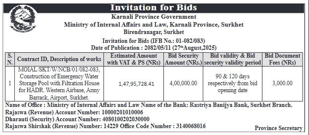 Invitation For Bid For Construction Of Emergency Water Storage Pool With Filtration House