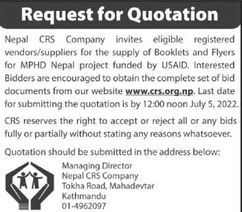 Vendors/suppliers for the supply of Booklets and Flyers for MPHD Nepal project