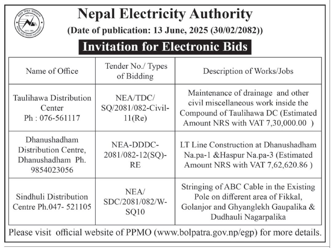 Invitation For Electronic Bids For Civil And Line Construction Works Across NEA Distribution Centers