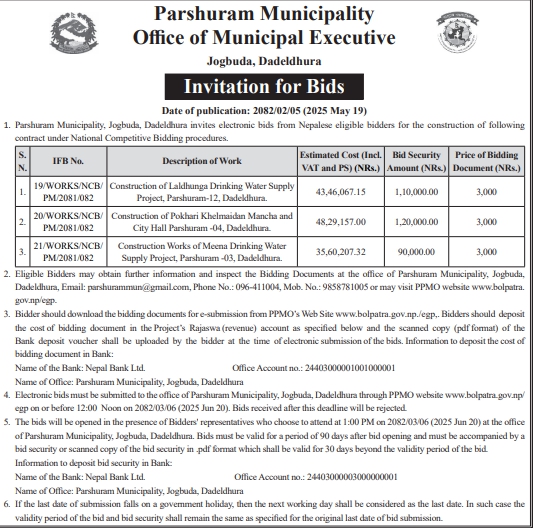 Invitation for Bids For Construction Work of Drinking Water Supply Projects And Khelmaidan Mancha
