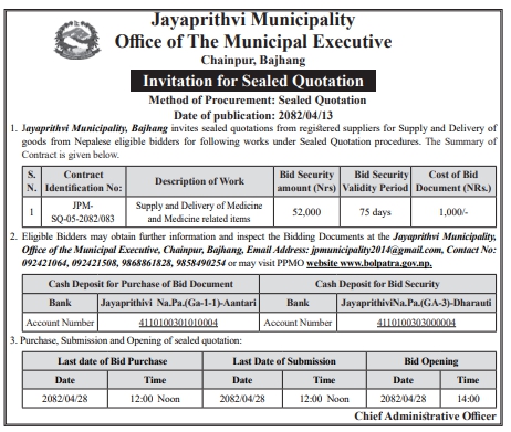 Invitation For Bid For Supply And Delivery Of Medicine And Medicine Related Items