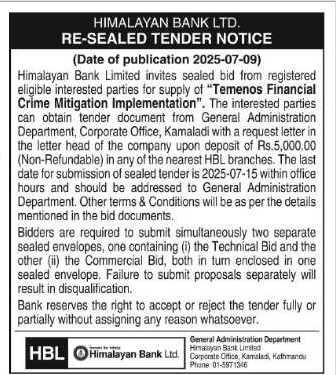 Re-sealed Tender Notice For Temenos Financial Crime Mitigation Implementation
