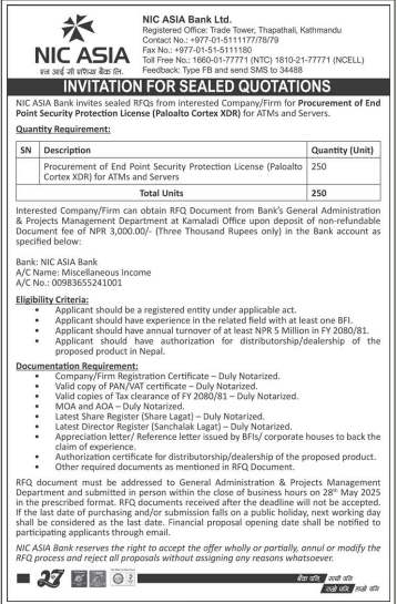 Invitation For Sealed Quotations For Procurement Of End Point Security Protection License