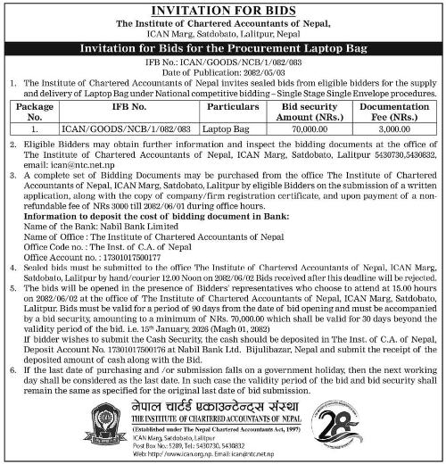 Invitation For Bids For Procurement Of Laptop Bag