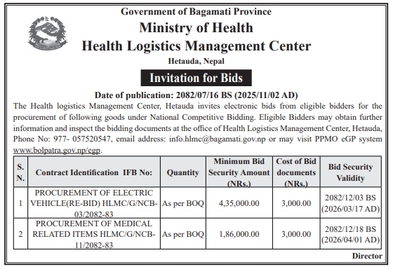 Invitation For Electronic Bids For Procurement Of Vehicles And Medical Items