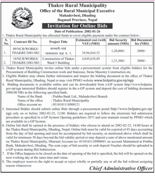 Invitation for Online Bids for Various Construction Works