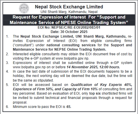 Invitation For Expression Of Interest (EOI) For Support And Maintenance Service Of Nepse Online Trading System