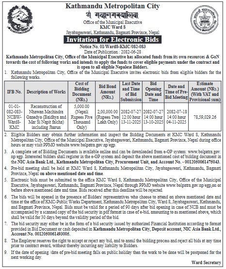 Invitation For Bid For Reconstruction Of Nhawan Machindra Including Jharun Ganedyo