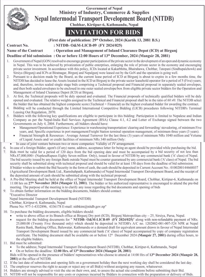 INVITATION FOR BIDS for Operation and Management of Inland Clearance Depot (ICD) at Birgunj