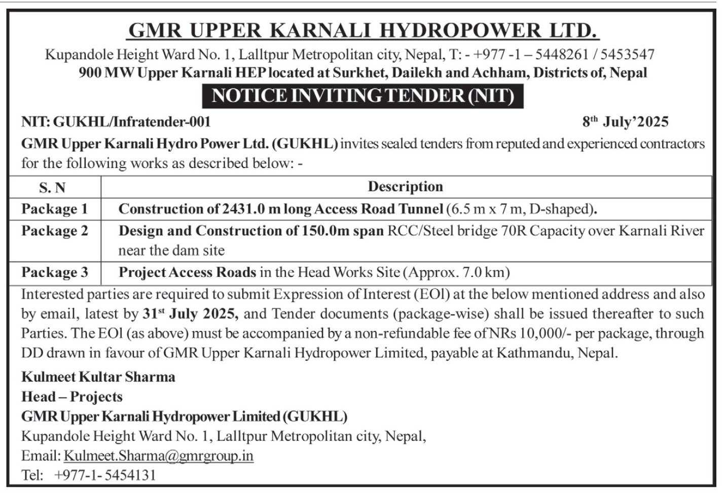Invitation For Tender For Infrastructure Works For Upper Karnali Hydropower Project