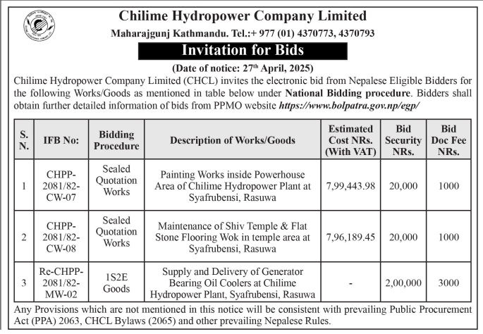 Invitation for Bids for Painting Works, Maintenance of Temple, Flat Stone Flooring and Supply of Generator Bearing Oil Coolers