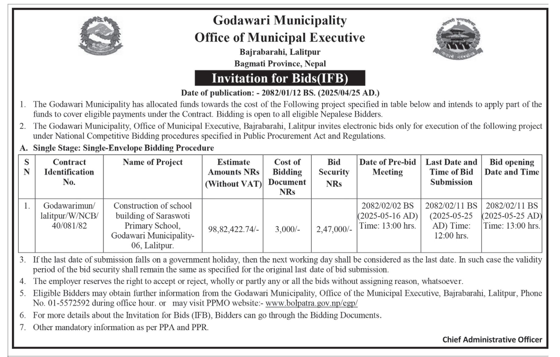 Invitation for Bids for Construction of School Building of Saraswati Municipality-06, Lalitpur