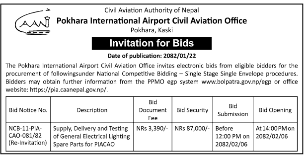 Invitation for Bids for Supply, Delivery and Testing of General Electrical Lighting Spare Parts for PIACAO