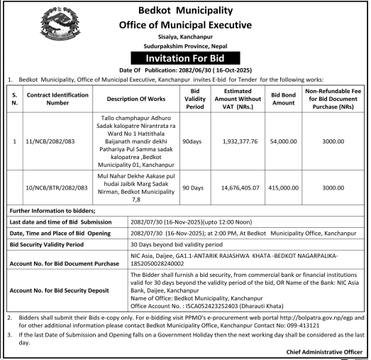 Invitation for Electronic Bids for Road Construction Works in Bedkot Municipality