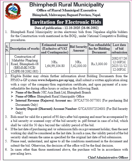 Invitation For Electronic Bids For Construction Of Mahabhir–phaplang Road, Bhimphedi-08, Makwanpur