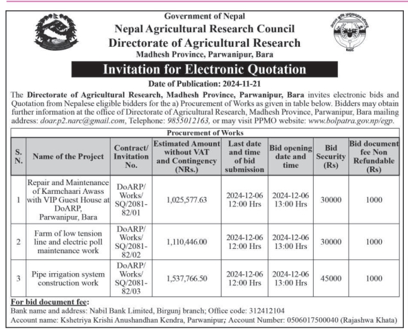 Invitation for Electronic Quotation for Maintenance and Repair Works