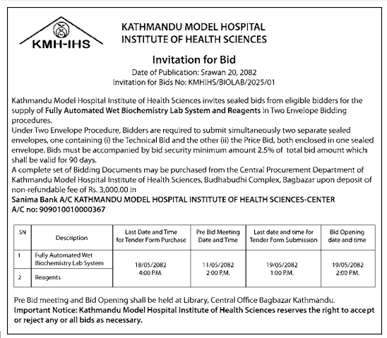 Invitation For Bids For Supply Of Fully Automated Wet Biochemistry Lab System And Reagents