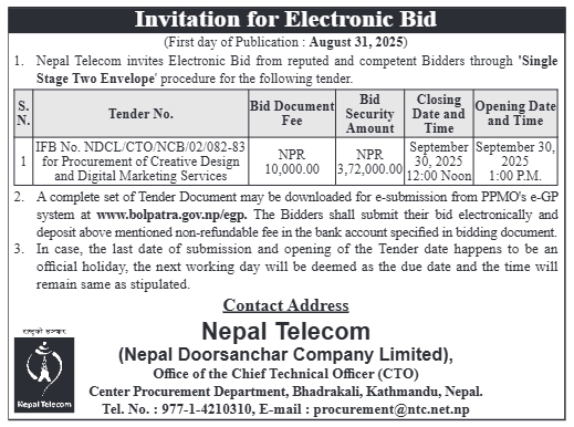Invitation For Electronic Bid For Procurement Of Creative Design And Digital Marketing Services By Nepal Telecom