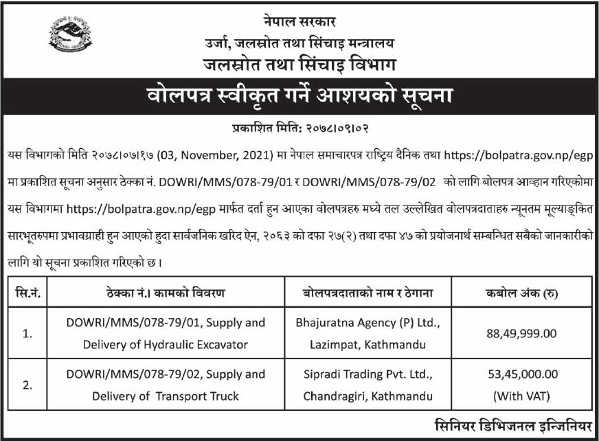 Supply and Delivery of Hydraulic Excavator and Transport Truck