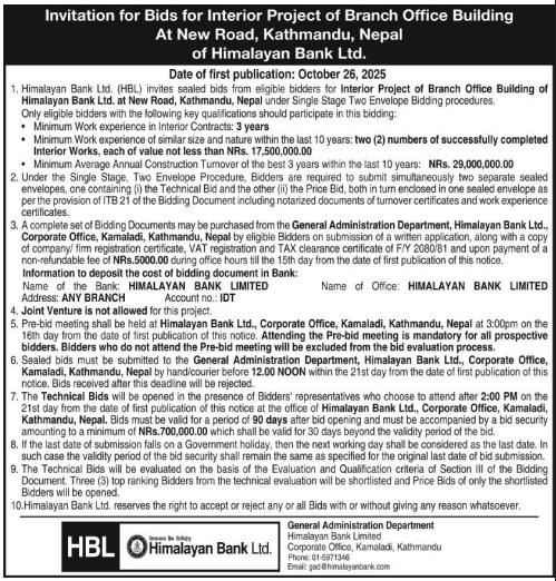 Invitation For Bids For Interior Project Of Branch Office Building At New Road, Kathmandu, Nepal Of Himalayan Bank Ltd.