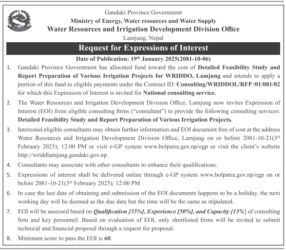 Request for Expressions of Interest - Detailed Feasibility Study and Report Preparation of Various Irrigation Projects for WRIDDO, Lamjung
