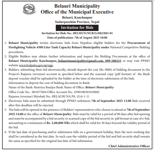 Invitation For Bids For Procurement Of 4500-litre Capacity Firefighting Vehicle