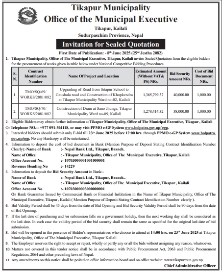 Invitation For Sealed Quotations For Road Upgrading And Drain Construction Works