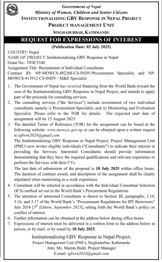 Call For Expression Of Interest For Recruitment Of Procurement And M&e Specialists
