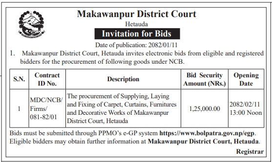 Invitation for Bids for the Procurement of Supplying, Laying and Fixing of Carpet, Curtains, Furniture and Decorative Works