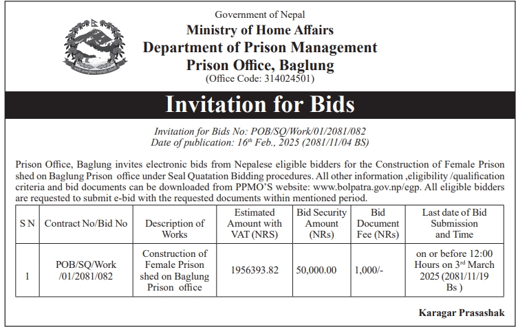 Invitation for Bids for Construction of Female Prison Shed