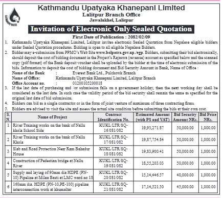 Invitation of Electronic Only Sealed Quotation For River Training Work