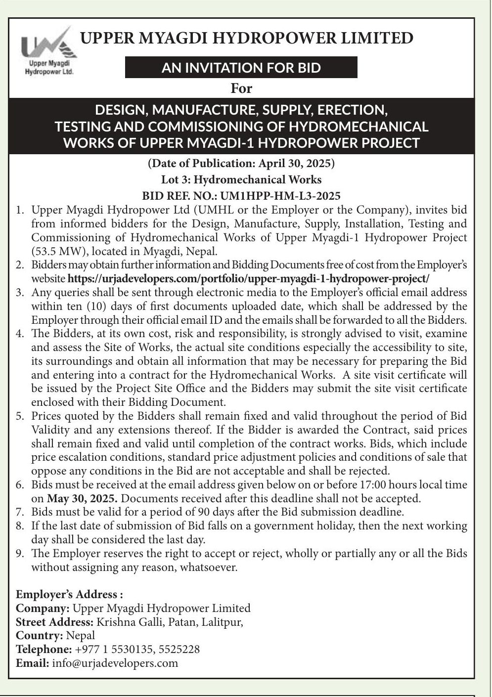 Invitation For Bid For Design, Manufacture, Supply, Erection, Testing And Commissioning Of Hydro Mechanical Works Of Upper Myagdi-1 Hydropower Project