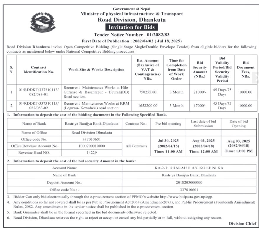 Invitation For Bids For Recurrent Maintenance Works On Road Sections In Dhankuta