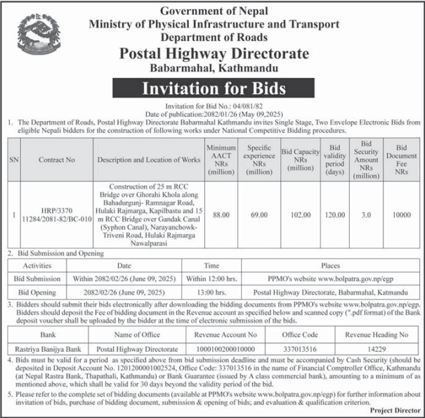 Invitation for Bids for Construction of 25m RCC Bridge Works