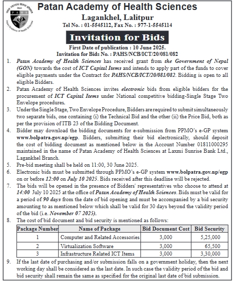 Invitation For Bids For The Procurement Of ICT Capital Items At Patan Academy Of Health Sciences