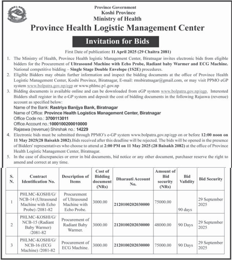 Invitation for Bids for the Procurement of Ultrasound Machine with Echo Probe, Radiant baby Warmer and ECG Machine
