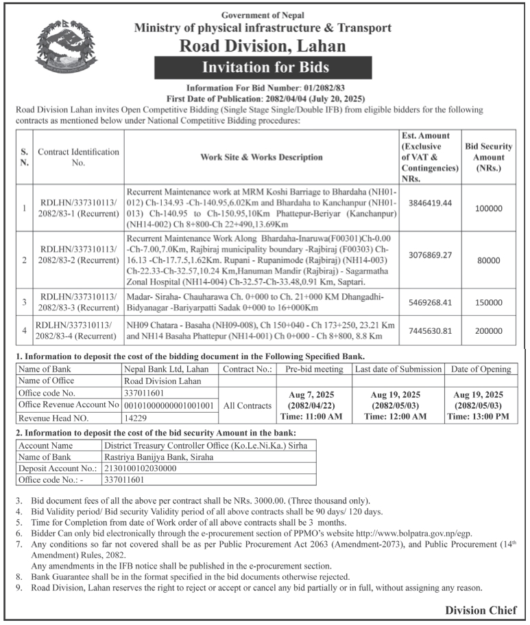 Invitation For Bids For Recurrent Maintenance Works In Saptari And Siraha Districts – Road Division Lahan