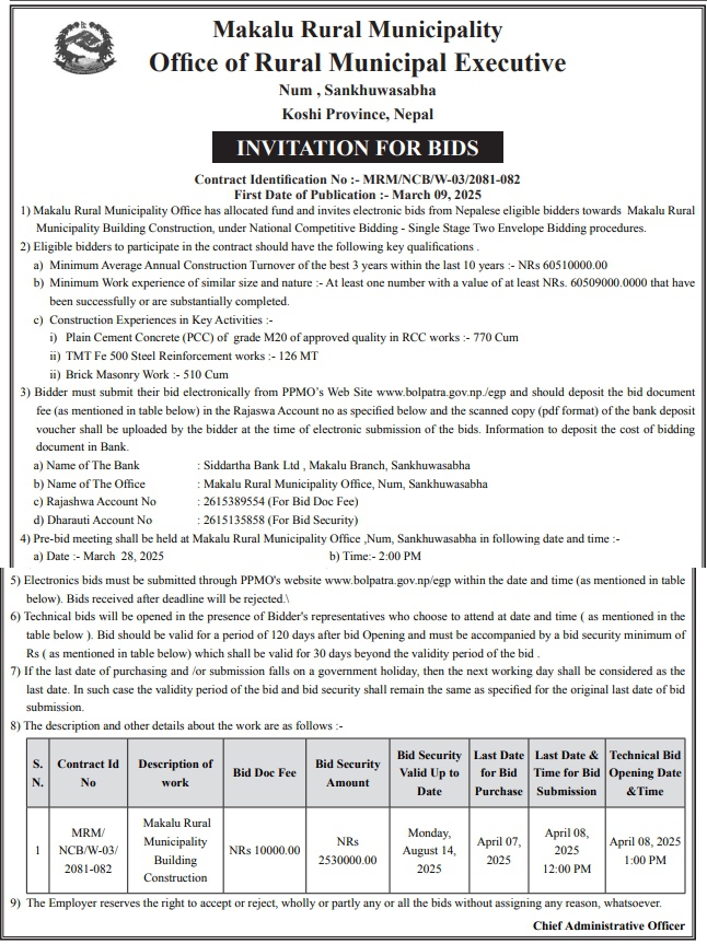 Invitation for Bids for Makalu Rural Municipality Building Construction
