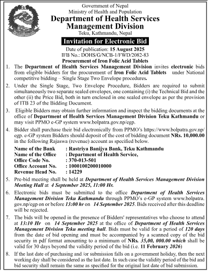 Invitation For Electronic Bids For Procurement Of Iron Folic Acid Tablets